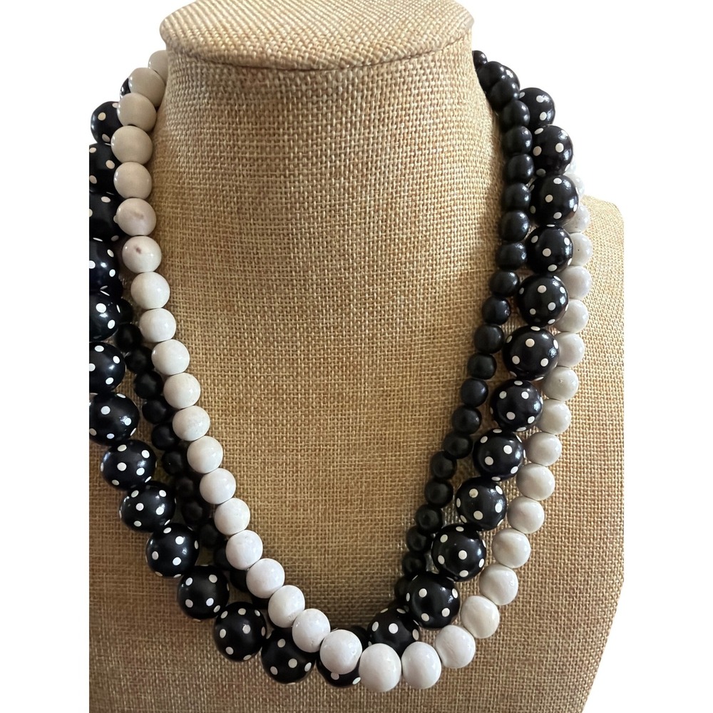 Black White Polka Dot Wooden Bead Multi Strand Chunky Statement Necklace 604